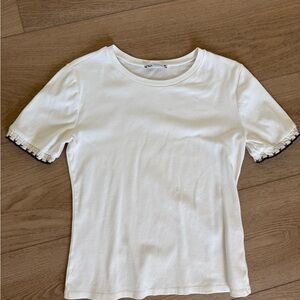 Zara White Short Sleeve Ruffle-Trim Tee